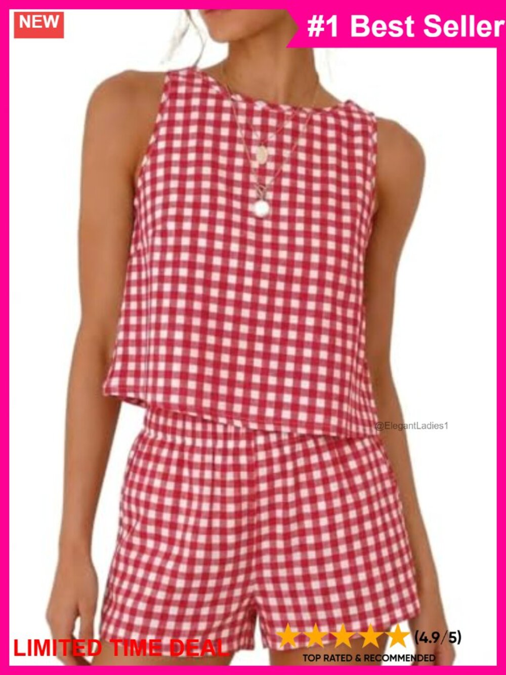Kinghua Women 2 Piece Cotton Gingham Tank Top and Plaid Shorts Set Casual